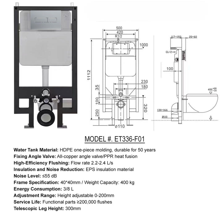 WHT-C1 Wall Hung Toilet Set Includes Toilet, Water Tank & Wall Panel